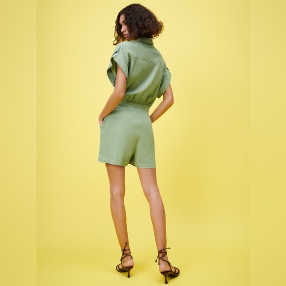 Zara Linen TOPSTITCHED Short JUMPSUIT Romper w/ Belt Green Size XS NEW - Picture 5 of 8